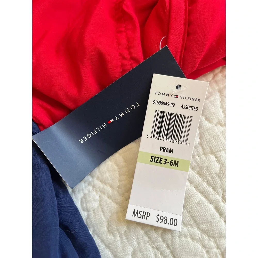 Tommy Hilfiger Baby Pram Suit Red Navy Blue Hooded Bunting 3-6M NEW